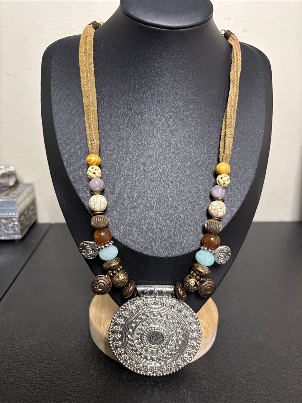 Chico’s Bohemian Tan Multi Media Silver Pendant Statement Necklace